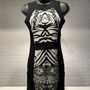 Eva Varro Black and White Halter Sheath Midi Dress